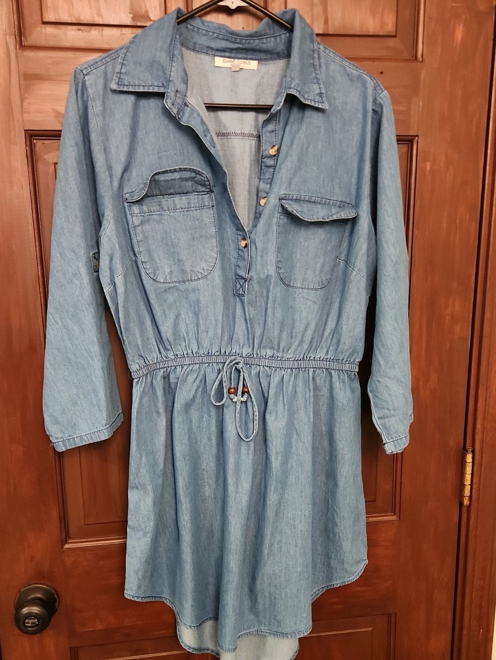 SPEED LIMIT MPH Light Wash Denim Shirt Dress with Drawstring Waist